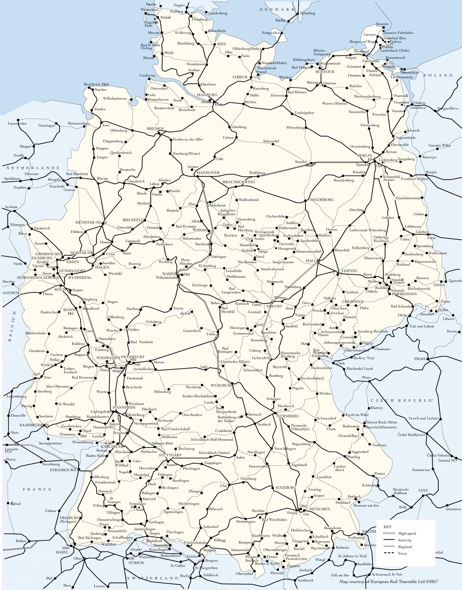 Tyskland tog kort - Kort over Tyskland, tog-ruter (Western Europe - Europe)