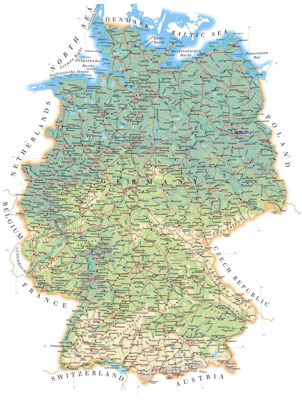 Detaljeret kort over Tyskland - Mærket kort over Tyskland (det Vestlige